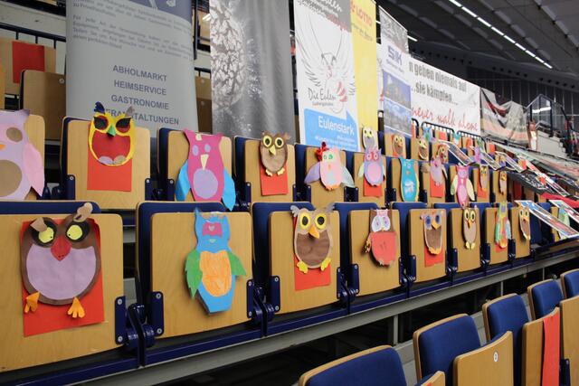 Viele gebastelte Eulen waren auf den leeren Sitzplätzen verteilt. | Foto: Basaric-Steinhübl