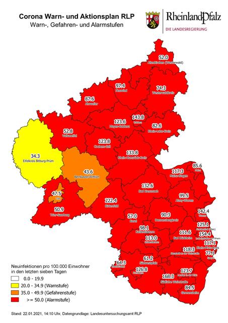 Übersicht der Sieben-Tage Inzidenzen in Rheinland-Pfalz Stand 22. Januar 2021. | Foto: Landesregierung Rheinland-Pfalz