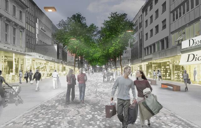 Vision der Kaiserstraße in Karlsruhe, ohne Straßenbahn – mit flanierenden Besuchern