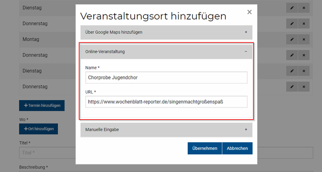 Schritt 3.2 Veranstaltungsort festlegen: Gerade finden sehr viele Termine digital statt. Kein Problem, einfach den Link zur Teilnahme einfügen und einen Veranstaltungsnamen zur Zuordnung vergeben. | Foto: Wochenblatt-Redaktion