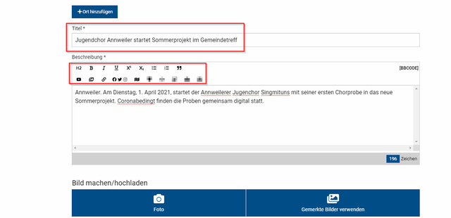 Schritt 3.3 Veranstaltungstext hinzufügen: Vergeben Sie der Veranstaltung einen Titel, der verrät, um was es in Ihrer Veranstaltung geht. Weitere Details, Kontaktmöglichkeiten, Hintergrundinfos und mehr können Sie direkt ins nachfolgende Textfenster schreiben. Dort finden Sie auch weitere Gestaltungsmöglichkeiten für Ihren Text. | Foto: Wochenblatt-Redaktion