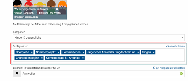 Schritt 3.7 Schlagwörter vergeben: Um die eigenen Veranstaltungen gut auffindbar zu machen, muss man einer Veranstaltung mindestens zwei Schlagwörter mitgeben. Bestenfalls sind diese natürlich aussagekräftig. Diese Themen oder Stichworte werden auch "Tags" genannt. Bilden mehrere einzelne Worte zusammen ein Stichwort, zum Beispiel "Hambacher Schloss", können Sie die Begriffe einfach durch ein Leerzeichen trennen. Vergeben Sie also beispielsweise bei jedem Artikel über Ihren Verein oder Ihren Stadt- oder Ortsteil Ihren Vereinsnamen oder den Namen Ihres Ortsteils als Thema, werden alle Veranstaltungen und Beiträge, bei denen das gleiche Thema vergeben wird, auf einer sogenannten Themenseite gebündelt. Es bietet sich an, sich an den Themen zu orientieren, die bereits häufiger vergeben wurden. Die Zahl in der Klammer hinter einem Beitrag zeigt die Anzahl. | Foto: Wochenblatt-Redaktion