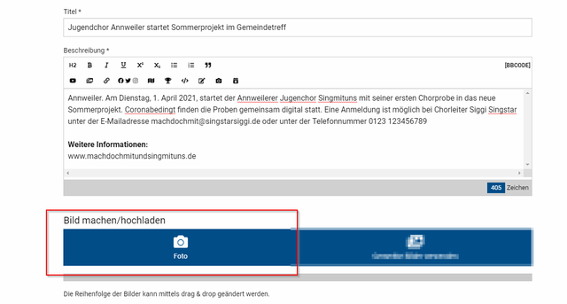 Schritt 3.4 Fotos hinzufügen: Bilder sind - besonders digital - sehr wichtig, um die Aufmerksamkeit der Leser zu erhalten. Sie können deshalb einer Veranstaltung beliebig viele Fotos hinzufügen. | Foto: Wochenblatt-Redaktion