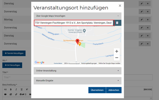 Schritt 3.2: Veranstaltungsort festlegen: Sie können ganz einfach nach dem Ort der Veranstaltung suchen. Sie erhalten ganz automatisch Vorschläge und können diese zum Anwählen einfach anklicken. | Foto: Wochenblatt-Redaktion