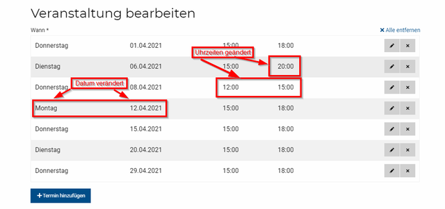 Schritt 3.1: Abweichende Termine einer Serie lassen sich ganz individuell anpassen und abbilden. Hier im Beispiel wurden einzelne Uhrzeiten geändert, Termine ganz gelöscht oder eine Terminverschiebung anhand des Datums gekennzeichnet. | Foto: Wochenblatt-Redaktion