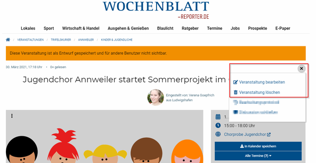Schritt 4 Veranstaltung bearbeiten: Sie haben im Menü die Möglichkeit, die Veranstaltung zu bearbeiten oder zu löschen. Achtung: Gelöschte Inhalte sind nicht wiederherstellbar, sondern unwiderruflich gelöscht. | Foto: Wochenblatt-Redaktion