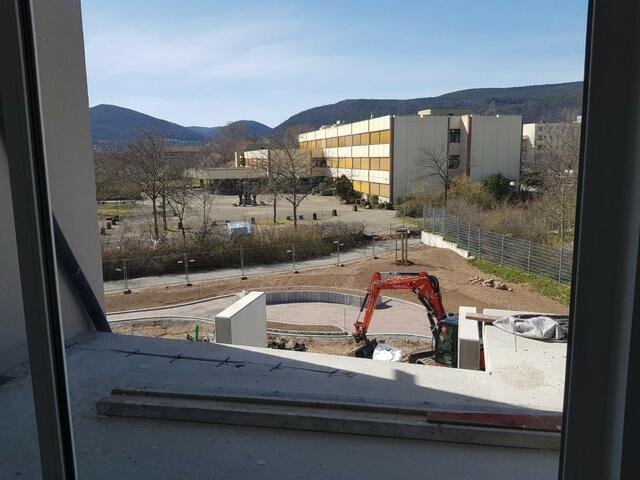 Blick aus dem oberen Stockwerk auf Garten, BBS und Haardt-Rand.