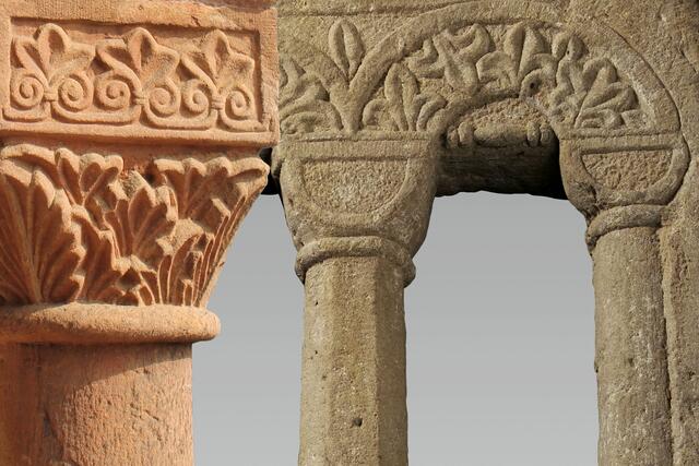 Fotomontage Kapitell an der Zwerggalerie des Doms und Ornament am Fenster der Mikwe | Foto: Domkapitel Speyer / Historisches Museum der Pfalz