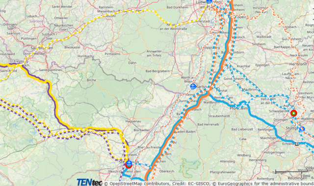 Trans European Network-Routen im Südwesten Deutschlands | Foto: OSM, TENtec