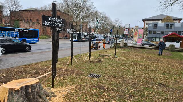 Auf Einladung der Bürgerinitiative "Kaiserslautern Stadt für alle" haben sich am Samstagmorgen gegen 11 Uhr gut 50 Personen auf der Fläche am Fackelbrunnen versammelt, um ihrem Protest gegen die am 20. Januar durch die Stadt erfolgte Abholzaktion Ausdruck zu verleihen | Foto: Ralf Vester