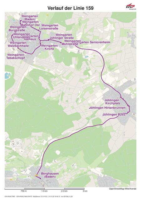 Linienverlauf Bus 159: Berghausen - Jöhlingen - Weingarten | Foto: KVV