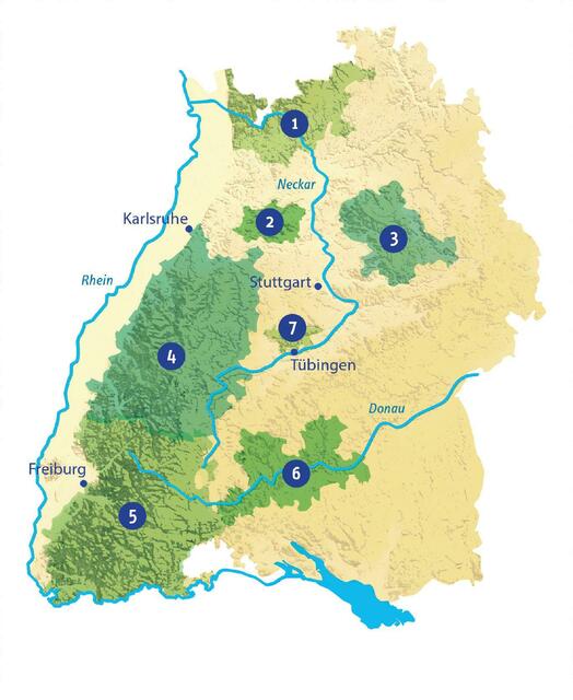 Die sieben Naturparke Baden-Württemberg © Sierk Schmalzriedt / AG Naturparke Baden-Württemberg – Nummerierung der Naturparke: Nr. 1 - Naturpark Neckartal-Odenwald, Nr. 2 - Naturpark Stromberg-Heuchelberg, Nr. 3 - Naturpark Schwäbisch-Fränkischer Wald, Nr. 4 -Naturpark Schwarzwald Mitte/Nord, Nr. 5 - Naturpark Südschwarzwald, Nr. 6 - Naturpark Obere Donau, Nr. 7 - Naturpark Schönbuch | Foto: AG Naturparke Baden-Württemberg