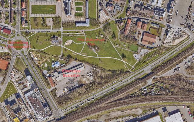 Die Aufteilung des Areals rund um den Otto-Dullenkopf-Park. 
Der neue See sollte auf dem Gelände der ehemaligen Bushallen entstehen. Nun schlägt die Fraktion eine Neustrukturierung mit weitergenutzten Hallen und einem kleinen Gewässer im Parkgelände vor.