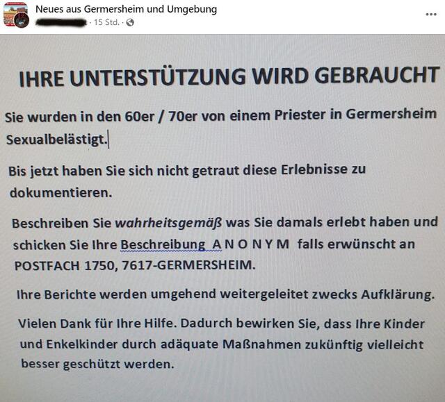 In Facebook-Gruppen tauchten in letzter Zeit häufiger solche Aufrufe auf - die Polizei rät Betroffenen, auf diese nicht einzugehen. Die Pfarrei in Germersheim vermutet, sie könnten mit dem jetzt öffentlich gemachten Missbrauchsfall zu tun haben | Foto: Screenshot/Heike Schwitalla