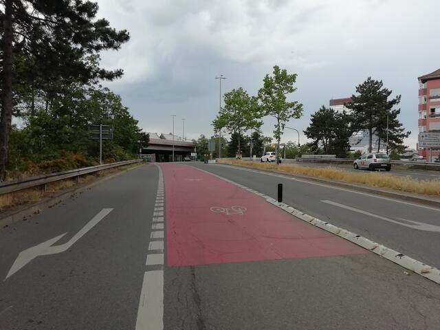 Gefahrenstelle in der Sumgaitallee. Hier kreuzt die Fahrradstraße die Autospur. | Foto: Julia Glöckner