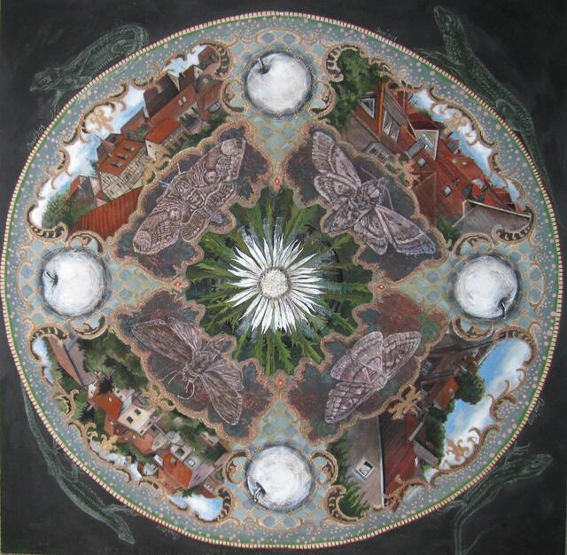 AMEI Hoffmann, Nachtgedanken, 2021, Binderfarbe auf besticktes Tuch und Rupfen, 160 x160cm | Foto: BBK