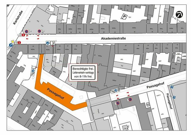 Die Karte zeigt die geplante neue verkehrliche Regelung im Passagehof:
Akademiestraße wird zur kompletten Einbahnstraße, Poller an der Einfahrt Akademiestraße, Poller an der Ausfahrt neben dem Kino. 

Wer von der Karlstraße kommt, muss, um zum Parkhaus Passagehof zu kommen, einen Umweg über die Stephanienstraße (nicht mehr im Bild) fahren! 
 | Foto: Stadt Karlsruhe, Tiefbauamt