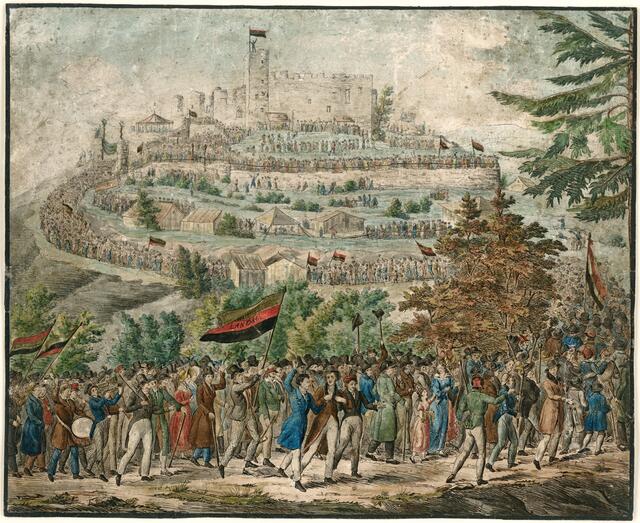 Darstellung des Zugs auf das Hambacher Schloss von Erhard Joseph Brenzinger ,1832, Altkolorierte Federlithografie. Bei diesem ersten demokratischen „Event“ am 27. Mai 1832 mit Volksfestcharakter waren rund 20.000 Menschen anwesend, um für ihre Freiheitsrechte einzustehen. | Foto: Historisches Museum der Pfalz
