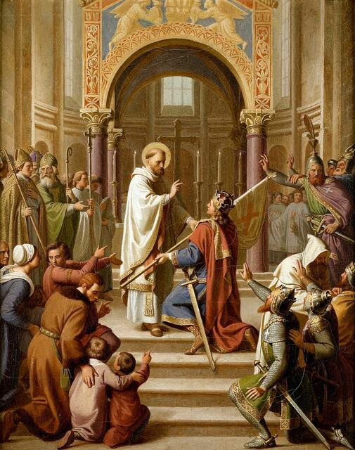 „Heiliger Bernhard übergibt Kreuzbanner“, Werkstatt Johann Baptist Schraudolph, 1849, Öl auf Leinwand
König Ludwig I. bestimmte 1843 die Ausmalung des Speyerer Doms, die 1853 vollendet wurde und im Stil der Nazarener ausgeführt wurde. Maßgeblich für die Entwicklung des Bildprogramms war Bischof Nikolaus von Weis zuständig. Es widmet sich dem Heiligen Bernhard, der 1146 in Speyer war. Die Ölbilder dienten als Skizzen und wurden dem König vorgelegt, mit dessen Zustimmung sie schließlich als Fresken ausgeführt werden konnten.  | Foto: Historisches Museum der Pfalz Speyer