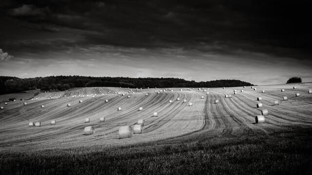 Feld mit Rundballen in Breitenbach. Bei der dramatischen Bearbeitung war ich von Ansel Adams inspiriert. | Foto: Kevin Stilgenbauer
