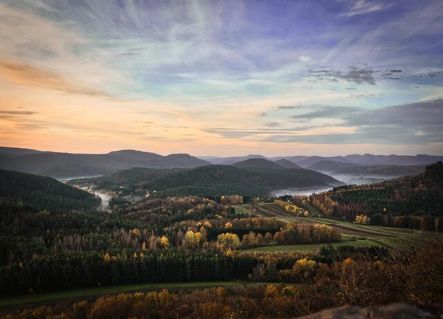 Motiv 3: Sonnenaufgang über dem Pfälzerwald - fotografiert von der Burg Lindelbrunn | Foto: Fabienne Müller