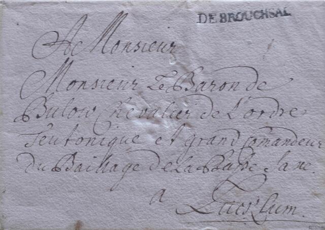 „DE BROUCHSAL“ – ältester zur Verwendung gekommener Stempel in schwarzer Stempelfarbe aus dem ersten Jahr des Gebrauchs 1724  - auf Brief mit eigenhändiger Unterschrift des Kardinals Damian Hugo von Schönborn
 | Foto: Hofmeister