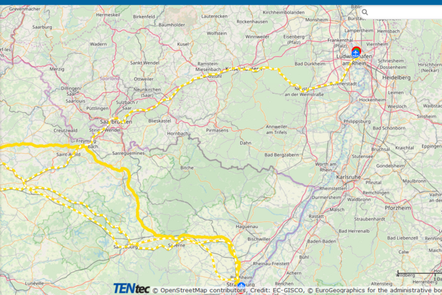 Europäische TEN-Fernverkehrsachsen (gelb) | Foto: OSM