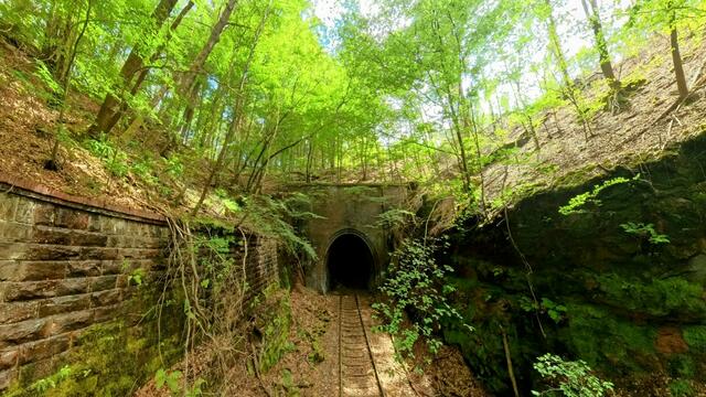 10 Stempelkopftunnel:

Der Stempelkopftunnel ist 481 Meter lang und liegt im Stumpfwald zwischen den Eisenbahnstationen Eiswoog und Alsenborn. Der Name des Tunnels leitet sich aus dem Namen des Berges her den er durchgräbt. | Foto: Daniel Bauer