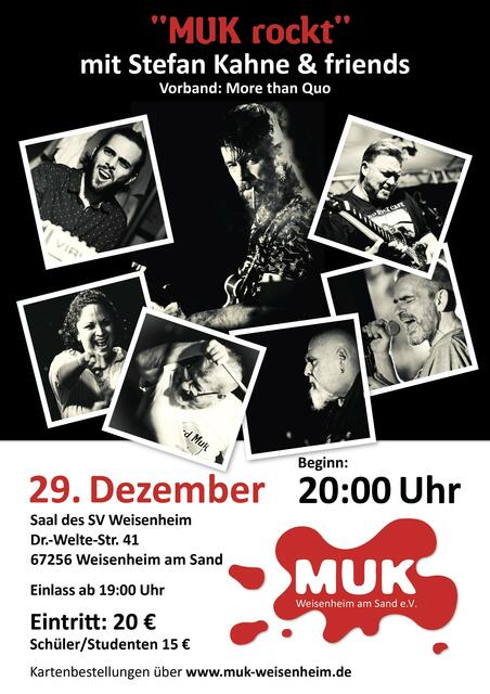 "MUK rockt" mit Stefan Kahne, Chris Linder, Achim "Zeppi" Degen, Andrea Kosten, David Heiner, Wolfy Ziegler & Herb Jösch - Vorband "More than Quo" mit Kai Honacker uvm | Foto: MUK Weisenheim am Sand e.V.