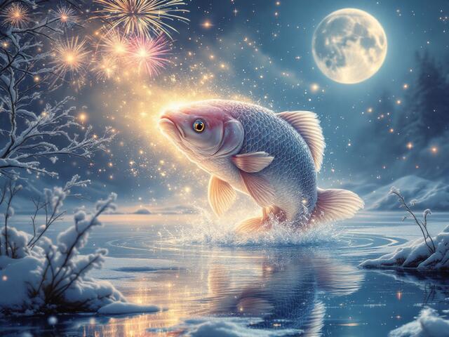Gott auf Karpfen: Hier lässt man an Silvester einen lebenden Karpfen frei, damit der Gott in den Himmel reisen kann. | Foto: Mit KI erstellt, Anouar Touir