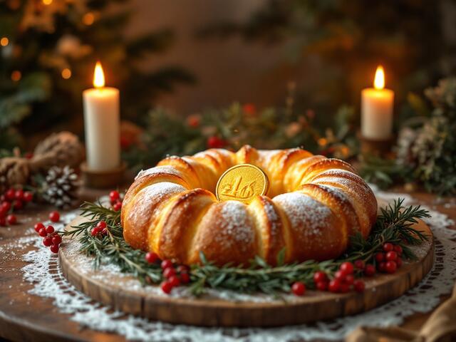 Geld in Brot: Eine Münze wird in einem Brot versteckt, und der Finder wird im neuen Jahr Glück haben. | Foto: Mit KI erstellt, Anouar Touir