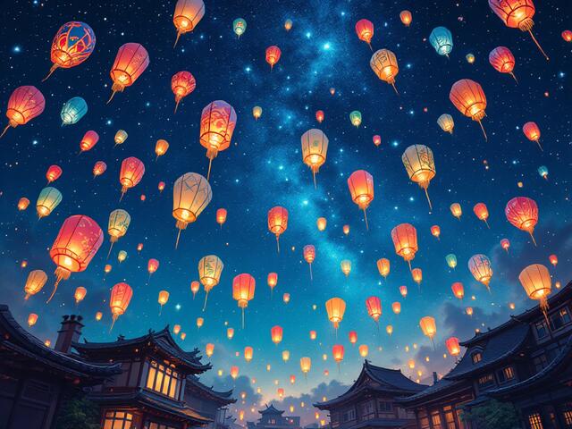 Laternen am Nachthimmel: Hier steigen an Silvester Himmelslaternen auf, die Licht und Optimismus verbreiten. | Foto: Mit KI erstellt, Anouar Touir