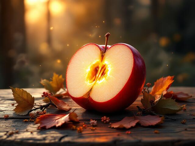 Apfelorakel: Das Kerngehäuse des halbierten Apfels deutet das Schicksal im neue Jahr | Foto: Mit KI erstellt, Anouar Touir