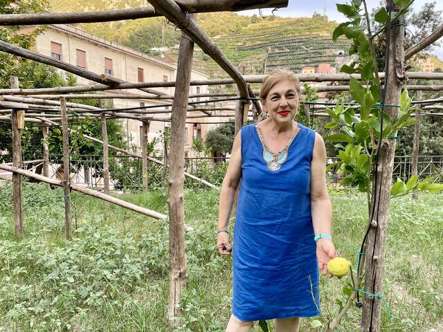 Geschichtsträchtiger Limonen-Anbau: Chiara Gambardella, stellvertretende Bürgermeisterin Maoiris und Direktorin des Konsortiums „Limone Costa d’Amalfi IGP“ zum Schutz der eingesessenen Wirtschaftsweise, im historischen Zitronenhain des großen, botanischen Gartens des Palazzo Mezzacapo. In der neu bepflanzten Anlage gibt es regelmäßig Führungen für kleine und große Besucher, um breit über die traditionsträchtige Kultur rund um die Sfusato amalfitano, die berühmte Zitrone, zu informieren.  | Foto: Daniel Basler