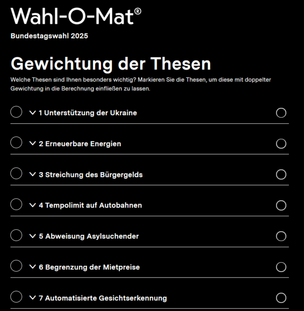 Nach den 38 Aussagen/Thesen des Wahl-O-Mat besteht die Möglichkeit, die Thesen zu gewichten. Es können also Thesen ausgewählt werden, die einem besonders wichtig sind, die dann doppelt gewichtet werden und so das Ergebnis nach persönlichen Interessen beeinflussen. | Foto: Screenshot von Katharina Wirth