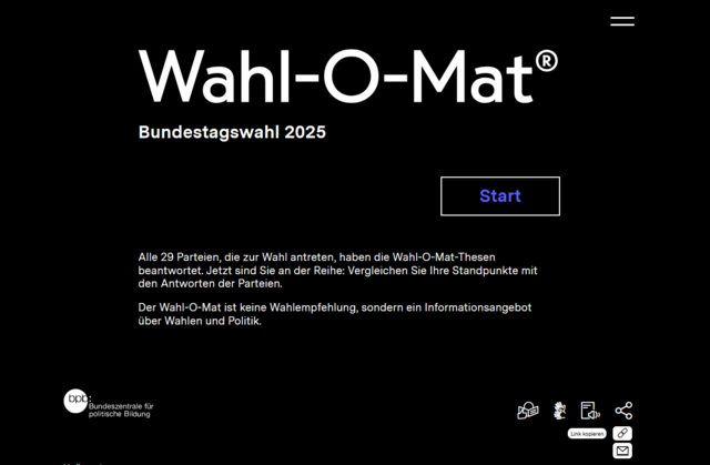 So sieht der Wahl-O-Mat Startbildschirm aus. Die Bundeszentrale für politische Bildung hat alle 29 Parteien zu den 38 Aussagen gefragt. Auf "Start" geht es los. | Foto: Screenshot von Katharina Wirth