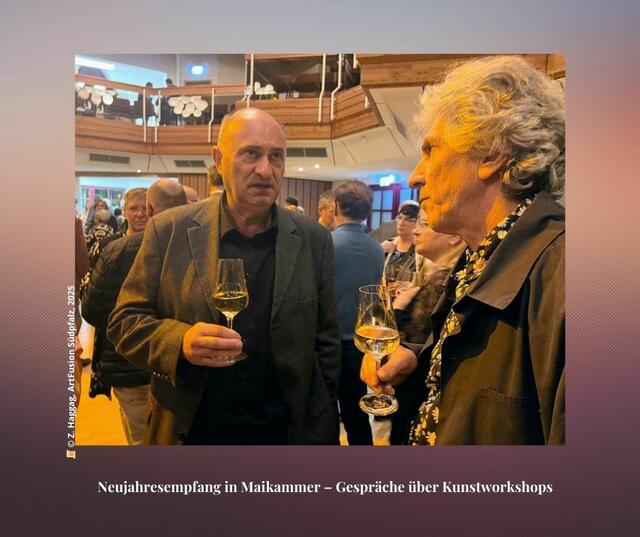 Beim Neujahresempfang 2025 im Bürgerhaus von Maikammer tauschten sich Stadtbürgermeister Hermann Augspurger und Herbert Pauser (Kunstpfade e.V.) intensiv über geplante Kunstworkshops in der Augspurger Mühle aus. | Foto: Foto Z. Haggag 2025