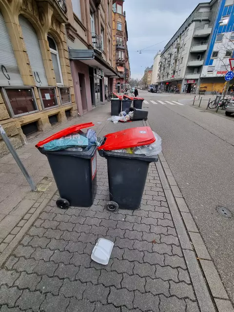 Beispiel aus der Karlsruher Oststadt: Die Tonnen - in diesem Fall Wertstofftonnen - wurden aus dem weiter entfernten Hof oder Hinterhaus an die Straße vor gebracht; stehen in diesem Fall aber auf Parkplätzen. Dahinter ist aber auch ein Beispiel von Vandalismus zu sehen. Stehen die Tonnen zu lange vor Ankunft des Müllfahrzeugs "unbeaufsichtigt" an der Straße, kommen offensichtliche "Spaßvögel" wohl auf die Idee, die Tonnen (mit Inhalt) umzuwerfen ... | Foto: www.jowapress.de