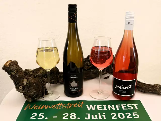 Die Siegerweine des diesjährigen Weinwettstreit zum Grünstadter Weinfest (25. bis 28. Juli 2025) stammen beide aus Asselheim. Die Kategorie „Riesling“ gewann der 2023er Riesling trocken „Asselheimer Goldberg“ vom Weingut M. Triebel und in der Kategorie „Weißherbst/Rosé“ siegte der 2024er Portugieser Rosé feinherb des Weinguts M. Schroth. | Foto: Stadtverwaltung Grünstadt