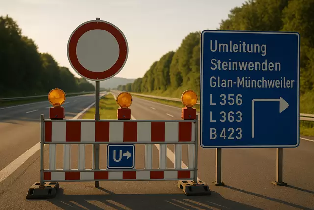 Wegen akuter Fahrbahnschäden wird die A62 zwischen den Anschlussstellen Hütschenhausen und Glan-Münchweiler am Mittwochabend, 18. Juni, in Richtung Trier voll gesperrt. Eine Umleitung ist ausgeschildert. | Foto: Erik Stegner/ mit KI