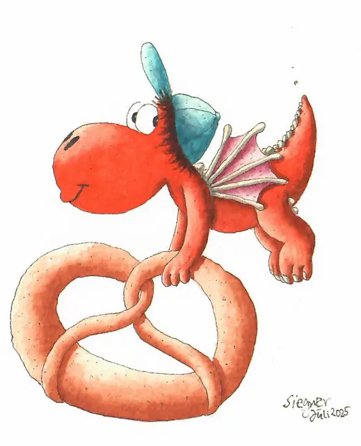 Der kleine Drache Kokosnuss mit der Speyerer Brezel, Illustration von Ingo Siegner | Foto: cbj Kinder- und Jugendbuchverlag in der Penguin Random House Verlagsgruppe GmbH, München 