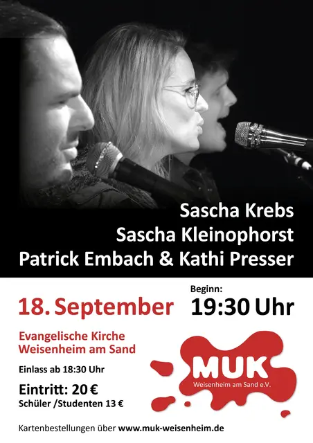 Sascha Krebs, Sascha Kleinophorst, Patrick Embach & Kathi Presser - 4 grandiose Sänger beim MUK in der evangelischen Kirche | Foto: MUK Weisenheim am Sand e.V.