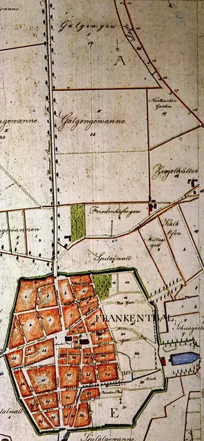 Die „Galgengewann“ im oberen Teil des Ausschnittes aus dem ersten Katasterplan der Stadt Frankenthal von 1826. Der Galgen befand sich ehemals in der Nähe der Straße nach Worms. | Foto: Stadtarchiv Frankenthal