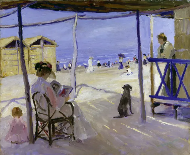 Philipp Klein: Am Strand von Viareggio, Öl auf Leinwand, 1906, Ihre Hochzeitsreise verbrachten Philipp Klein und seine frischvermählte Ehefrau im Sommer 1906 in Viareggio an der italienischen Riviera. Angeregt von dem betriebsamen Müßiggang und den unterschiedlichen Lichtstimmungen am Meer hielt Klein diese Momentaufnahmen
als ebenso flüchtige wie stimmungsvolle Eindrücke von der Reise fest. | Foto: Landesmuseum Hannover-Artothek