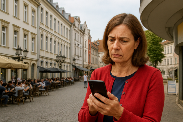 Martinsplatz in Kaiserslautern: Eine Frau schaut kritisch auf das Display ihres Smartphones. Handelt es sich bei dem Anruf um Telefonbetrug mit der Vorwahl 0631? | Foto: Monika Klein/Collage: KI