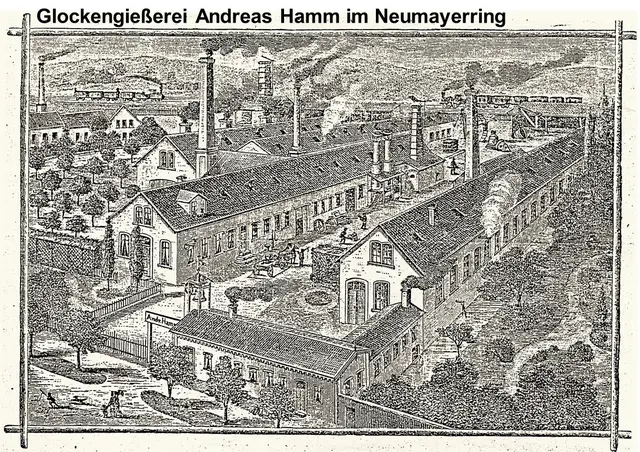 Ansicht der Glockengießerei Hamm Ende des 19. Jahrhunderts. Im Hintergrund ist die Bahnlinie und rechts der Fuchsbach zu erkennen.  | Foto: Erkenbert Museum