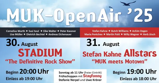 MUK-OpenAir '25 mit STADIUM - The Definitive Rock-Show - Cornelius Wurth, Susi Soul, Eike Walter, Peter Kassner, Lisa Müller, Dietrich Bechtel, Andreas Eichenauer - DAS OPENAIR-EVENT | Foto: MUK Weisenheim am Sand e.V.