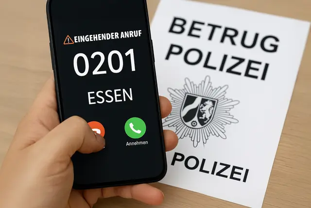 Vorwahl 0201: Verdächtige Anrufe aus Essen häufen sich. In vielen Fällen geben sich Betrüger am Telefon als Polizeibeamte oder Behördenvertreter aus. Die Polizei warnt eindringlich vor dieser Masche. | Foto: Erik Stegner / mit ChatGPT erstellt