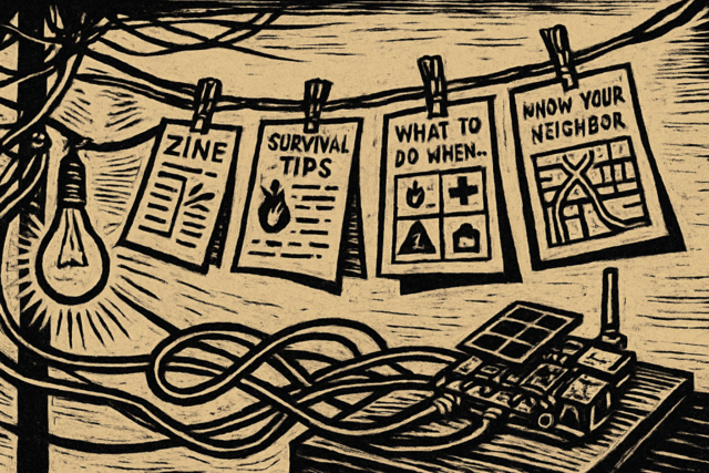 Analoge Zines und solarbetriebener Offline-Server / KI-generierte Abbildung | Foto: Analoge Zines und solarbetriebener Offline-Server / KI-generierte Abbildung