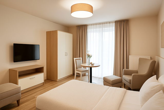 Altersheim Bruchmühlbach-Miesau: Schon die kleinen Standard-Zimmer sind sehr komfortabel eingerichtet. Es gibt mit den Premium Zimmern noch zwei weitere Klassen. | Foto: KI-generiert/Julia Glöckner